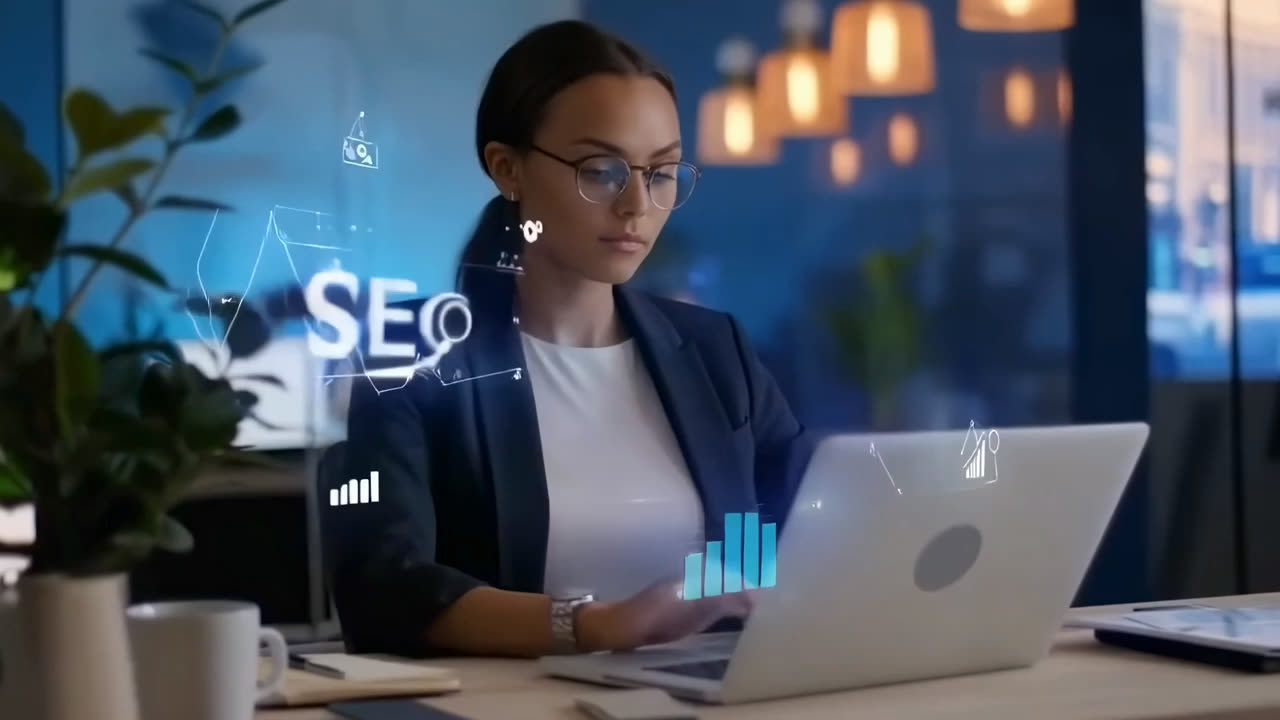 Woman working on a laptop with SEO graphics
