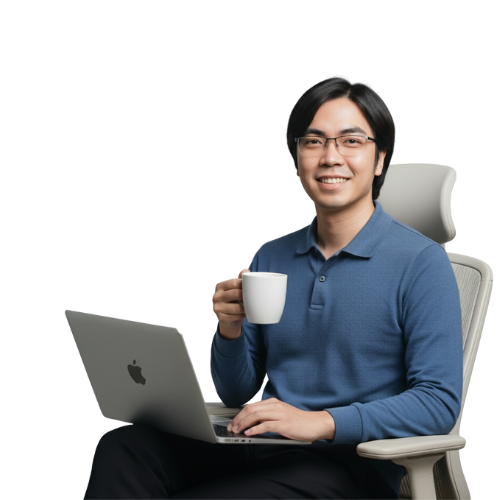 Jayvee as SEO expert smiling at the camera while holding a mug and a laptop